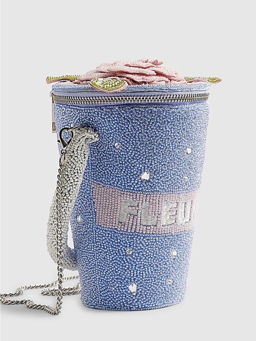 River Island Blue Beaded Flower Bucket Bag with Pink Trim
